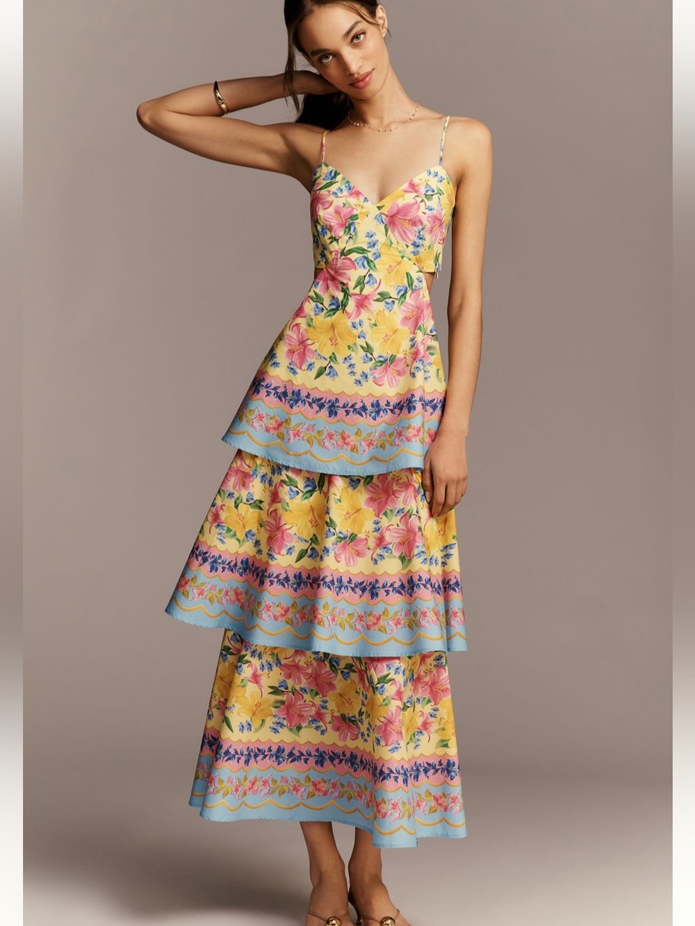 FARM Rio Yellow Floral Maxi Dress with Pink & Blue Accents